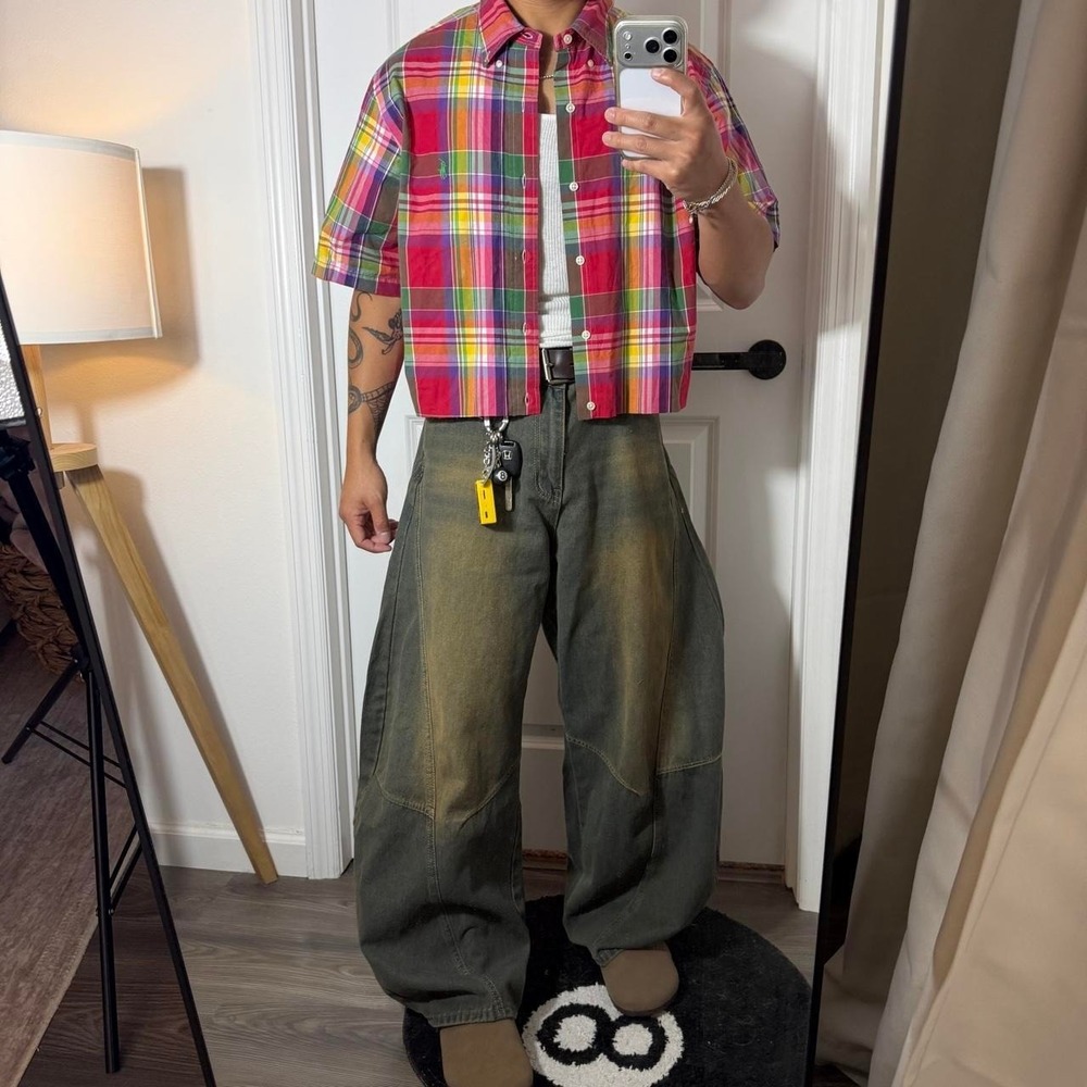 y2k picnic vintage cropped button up plaid shirt PL01